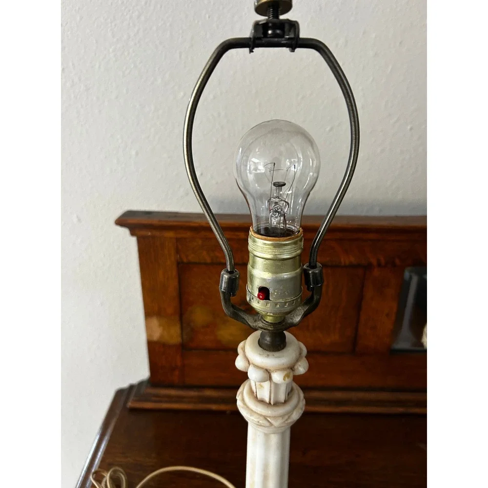Vintage Alabaster Column Table Lamp Neoclassical Carved Stone Cream White 14in - Picture 4 of 5